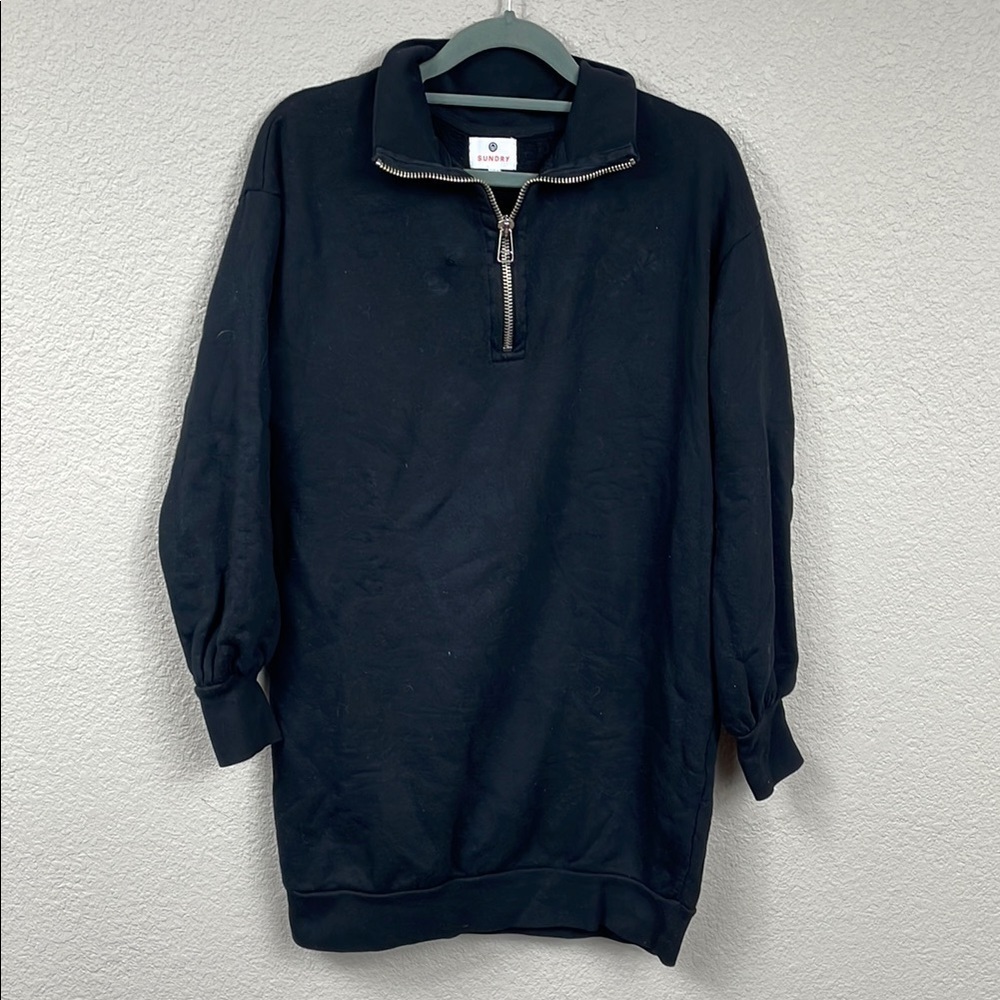Sundry Quarter Zip Longline Sweatshirt Dress Fleece Loose Baggy Sz 0